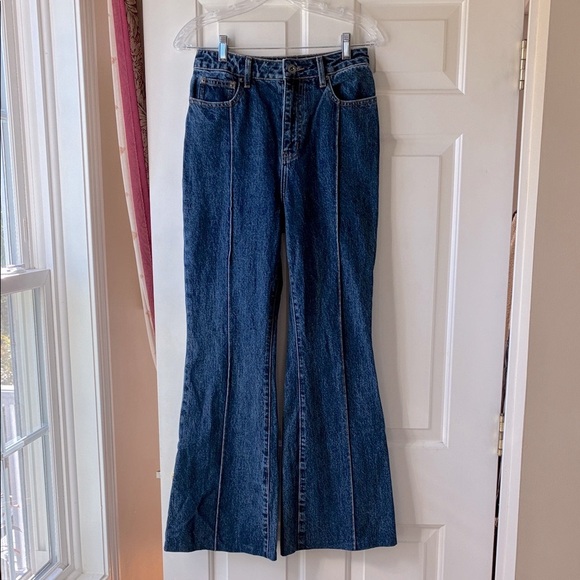 Self-Portrait High-Rise Flare Jeans Seamed Edition Blue Dark Wash Size 26 - Picture 1 of 12